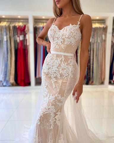 Classy Mermaid Prom Dress Lace Appliques Spaghetti-Straps