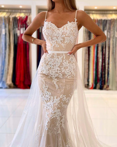 Classy Mermaid Prom Dress Lace Appliques Spaghetti-Straps
