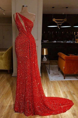 Classy One Shoulder Red Prom Dresses Sequins Long On Sale