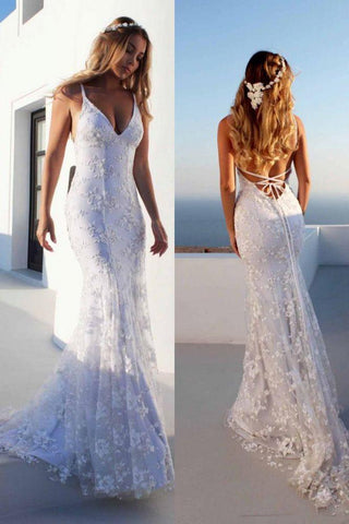 Cloth-fitting Floor Length Lace V-Neck Spaghetti Open Back Prom Dresses Party Gowns With Lace Up