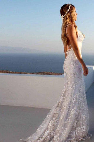 Cloth-fitting Floor Length Lace V-Neck Spaghetti Open Back Prom Dresses Party Gowns With Lace Up