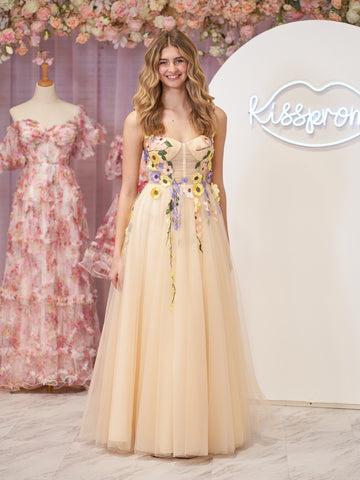A-Linien-Korsett-Midi-Ballkleid mit 3D-Blumen