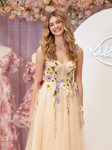 A-Linien-Korsett-Midi-Ballkleid mit 3D-Blumen