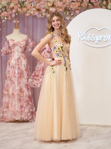 A-Linien-Korsett-Midi-Ballkleid mit 3D-Blumen