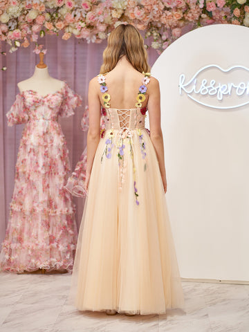 A-Linien-Korsett-Midi-Ballkleid mit 3D-Blumen