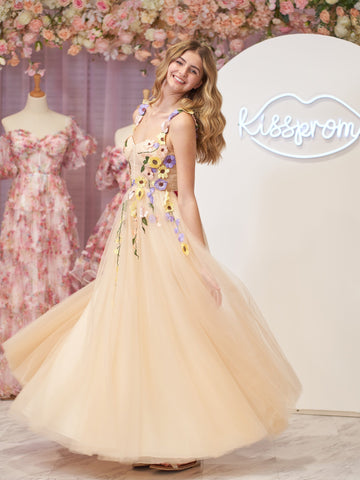 A-Linien-Korsett-Midi-Ballkleid mit 3D-Blumen