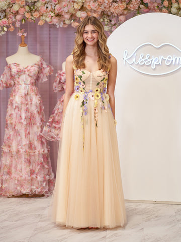 A-Linien-Korsett-Midi-Ballkleid mit 3D-Blumen