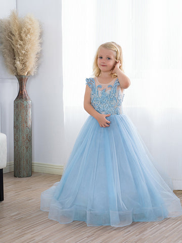 Süßes langes A-Linien-Tüll-Boho-Blau-Blumenmädchenkleid mit Schleife