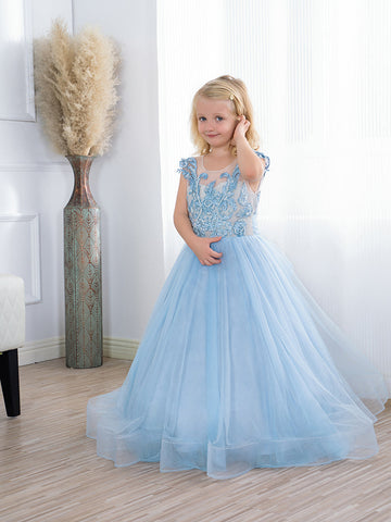Süßes langes A-Linien-Tüll-Boho-Blau-Blumenmädchenkleid mit Schleife