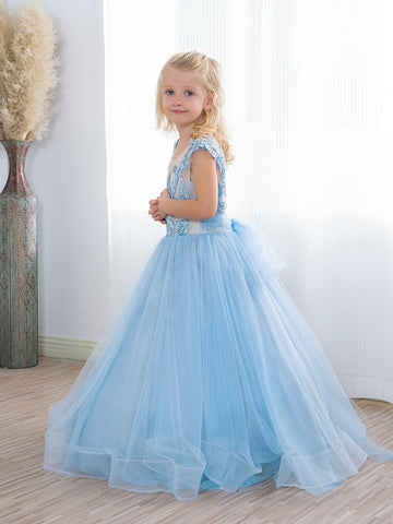 Süßes langes A-Linien-Tüll-Boho-Blau-Blumenmädchenkleid mit Schleife