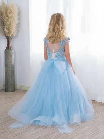 Süßes langes A-Linien-Tüll-Boho-Blau-Blumenmädchenkleid mit Schleife