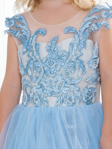 Süßes langes A-Linien-Tüll-Boho-Blau-Blumenmädchenkleid mit Schleife