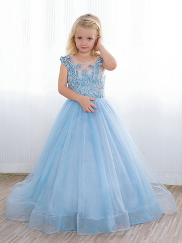 Süßes langes A-Linien-Tüll-Boho-Blau-Blumenmädchenkleid mit Schleife