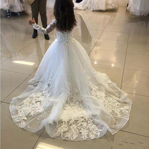 Süßes langes A-Linien-Kleid aus Tüllspitze für Blumenmädchen mit Ärmeln
