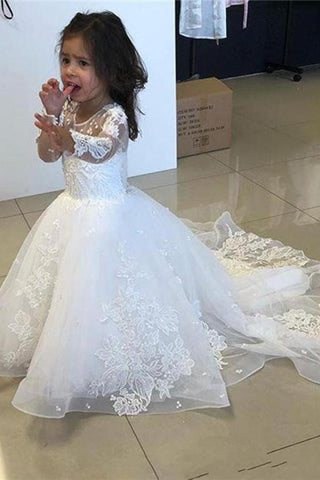 Süßes langes A-Linien-Kleid aus Tüllspitze für Blumenmädchen mit Ärmeln