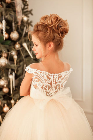 Cute Long Princess Tulle Lace Flower Girl Dress