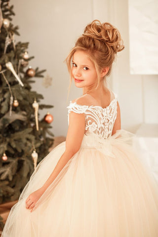 Cute Long Princess Tulle Lace Flower Girl Dress