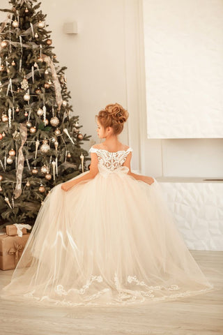 Cute Long Princess Tulle Lace Flower Girl Dress