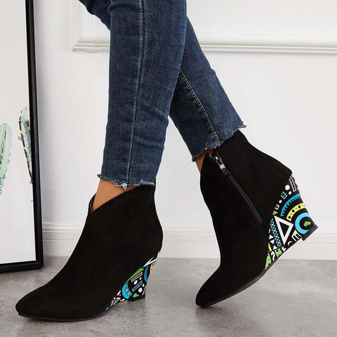 Suede Wedge High Heeled Ankle Boots Pointed Toe Dress Booties