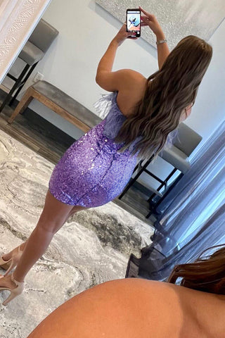 Sheath Strapless Blue Sequins Short Homecoming Dress with Feathers