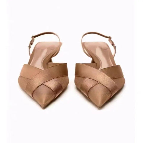 Fashion Thin Heels Sandals Women's Brown Cross 2024 Pointed Toe Shallow Office Low-heel Pumps Slingbacks Temperament Mule Shoes