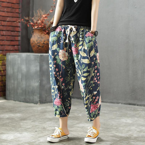 Loose Floral Print Elastic Waist Denim Pants