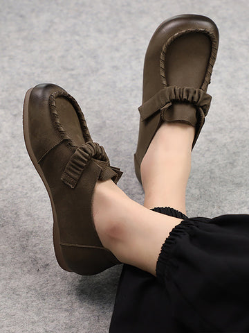 Women Genuine Leather Elastic Spliced Flat Shoes