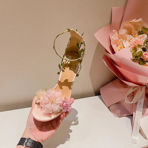 New Pink Countryside Chiffon Flower Fantasy High Heels Straight Vine Strap Sandals