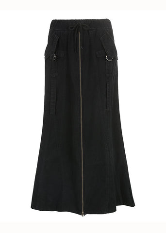 Style Black Zip Up Pockets Patchwork Denim Skirt Fall