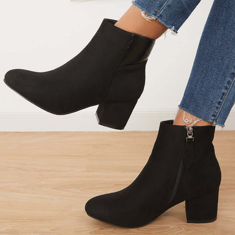 Chunky Block Mid Heel Ankle Boots Side Zipper Booties