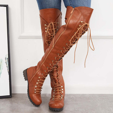 Chunky Heel Lace Up Over The Knee Thing High Riding Boots