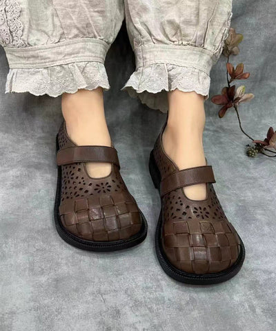 Retro Splicing Hollow Out Flache Schuhe Braunes Rindsleder