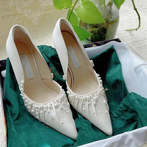 Spring and Autumn New Pointed Shallow Mouth High Heels Women's White Pleated Pearl Bridesmaid Bridesmaid Wedding Shoes