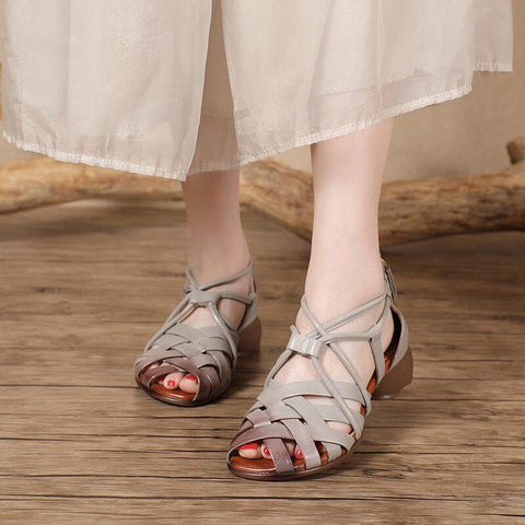 Sumer Retro Plaited Leather Low Chunky Heel Sandals