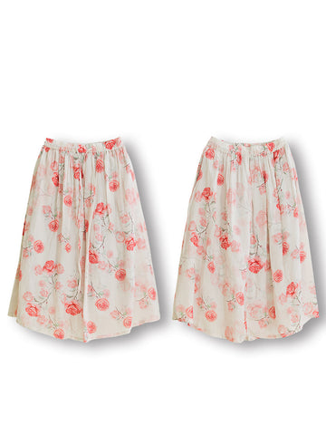 Women Summer Artsy Flower Drawstring Pocket Ramie Skirt