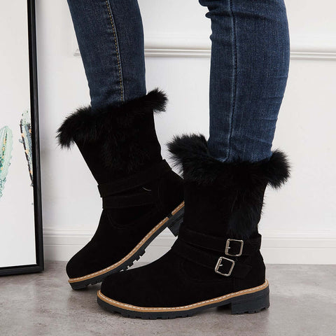 Warm Fur Mid Calf Snow Boots Block Heel Furry Winter Booties