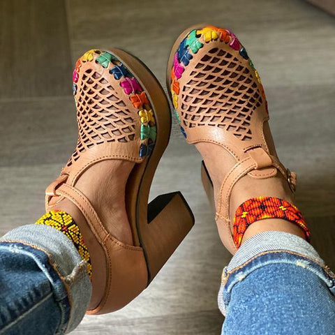 Platform Block Chunky High Heels Ankle T-Strap Cutout Sandals