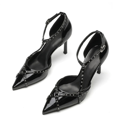 pointed fashionable women's shoes with a new punk style with a bun toe and thin heels women's trend
