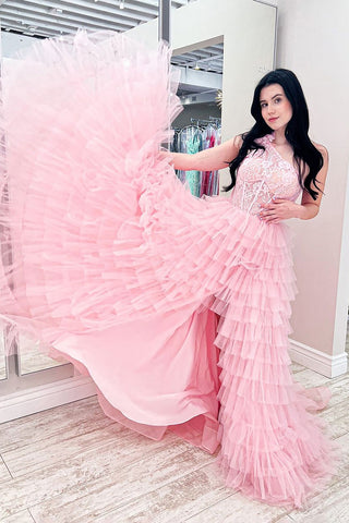 A Line Light Purple One Shoulder Corset Tiered Long Prom Dress with Ruffles