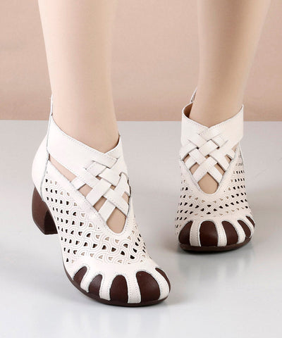 Unique Coffee Cowhide Leather Hollow Out High Heel Splicing Boots
