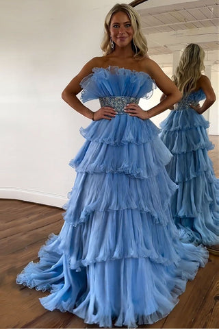 Trendy A-Linie trägerloses blaues langes Ballkleid mit Perlenbesatz