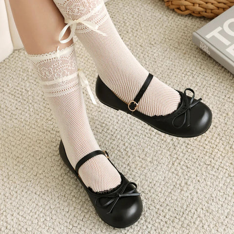 - Spring Autumn Pink White Mary Janes Flat Shoes Woman Round Toe Buckle Strap Lolita Girls Student Ballet Flats Plus Size 43 44 45