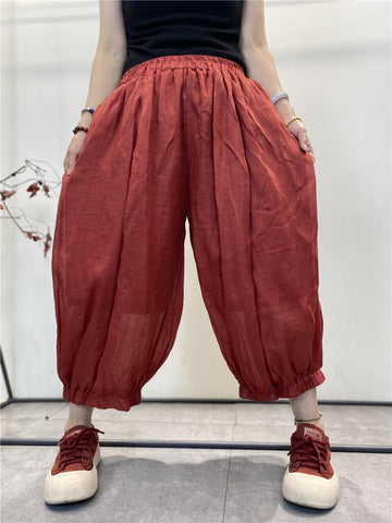 Women Summer Solid Thin Loose Pocket Pleat Cotton Pants