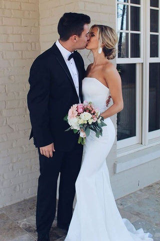 White Mermaid Strapless Simple Wedding Dresses, Summer Wedding Dresses