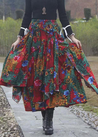 Print Patchwork Tie Waist Maxi Skirts Fall