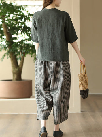 Plus Size Women Summer Vintage Stripe Pocket Loose Linen Harem Pants