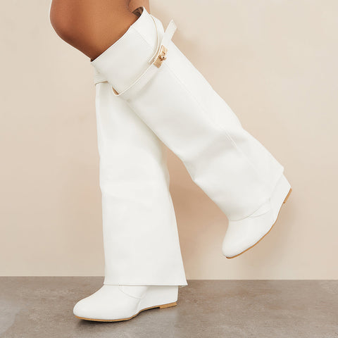 Women Pointed Toe Fold Over Wedge Heel Knee High Boots