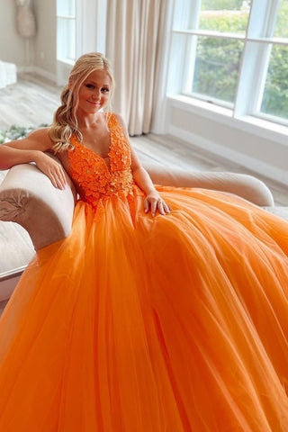 A-Line V-Neck Long Tulle Prom Dress with Appliques