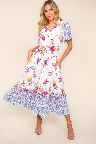 Short Sleeve Floral Tiered Summer Midi Dress