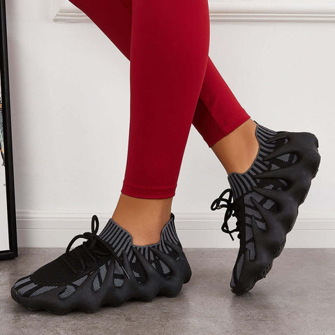 White Breathable Lace Up Running Sneakers Knit Athletic Shoes